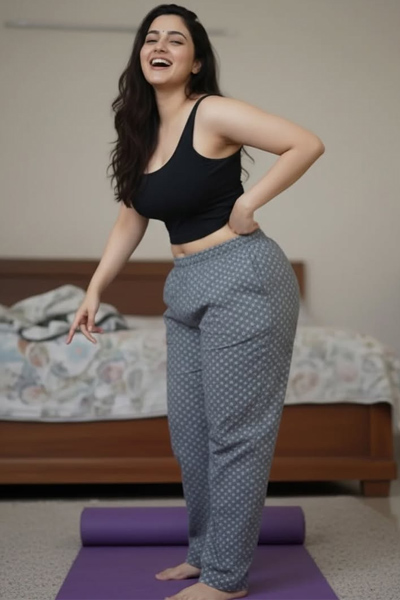Stylish woman wearing a black top and printed pants at home.