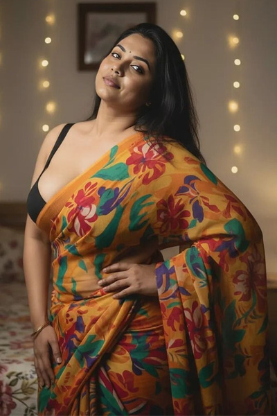 Confident model Kiara in traditional saree attire, standing in a warmly lit room.