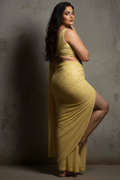 A woman wearing a yellow designer saree-style outfit, standing confidently against a textured wall