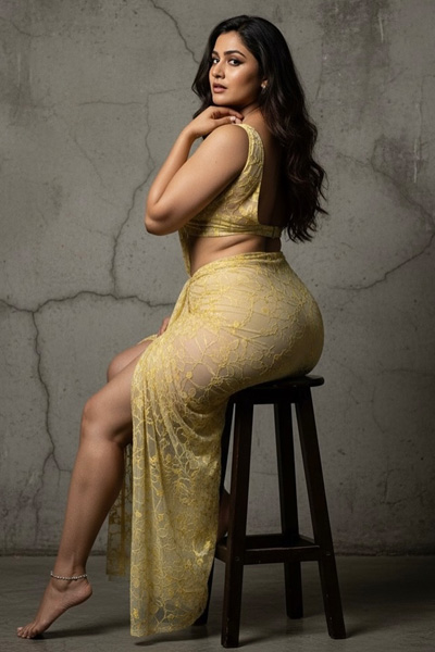 Woman in yellow outfit posing confidently indoors